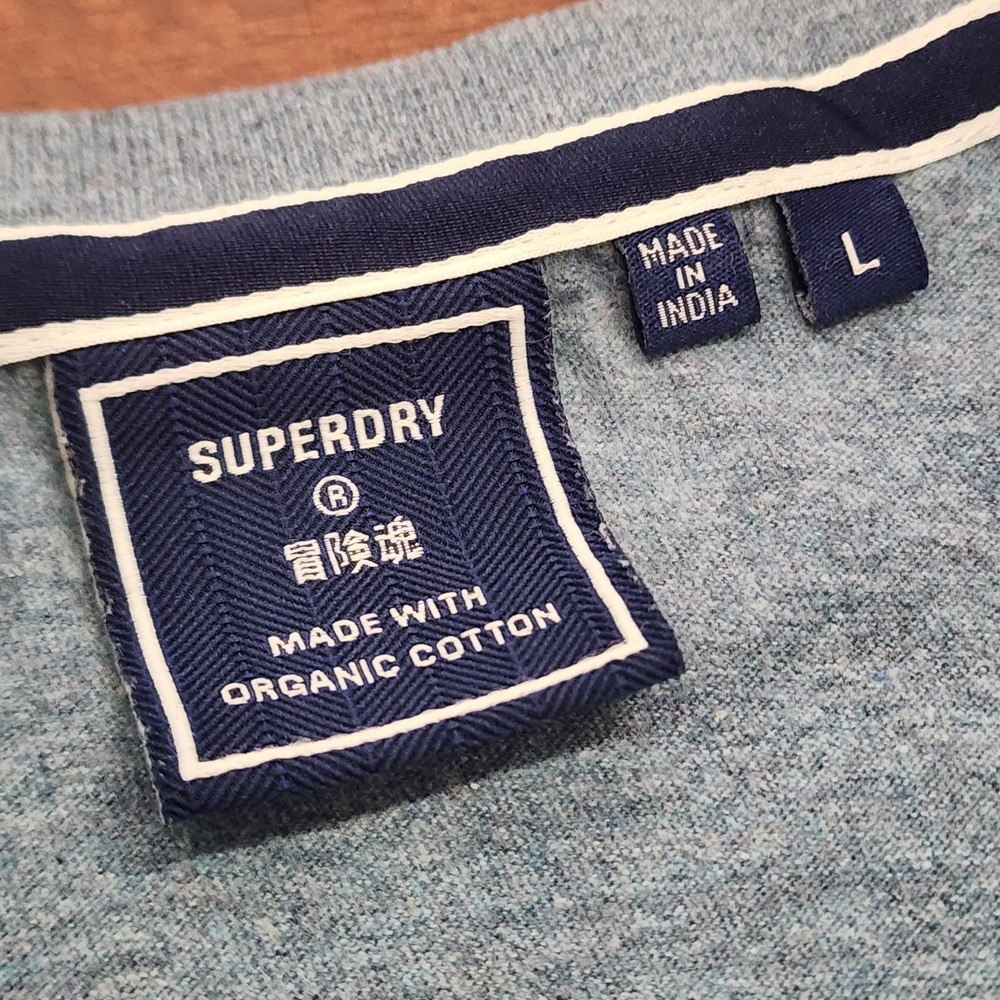 Superdry Shirt Mens Large L Blue V-Neck Organic Cotton Embroidered Script Logo - Picture 4 of 10